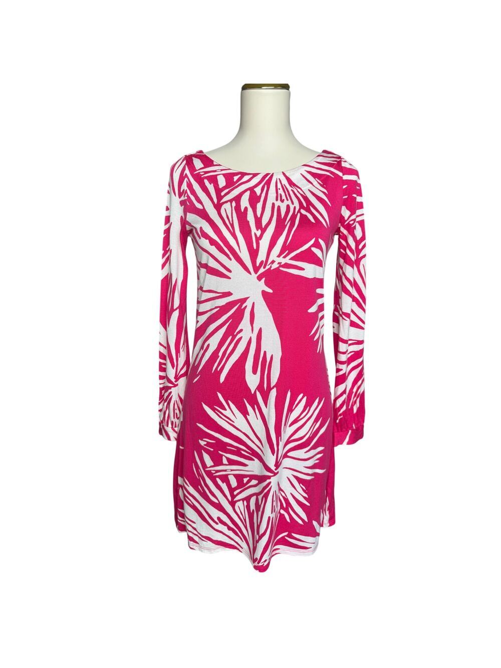 Lilly Pulitzer Pink White Palm Print Silk Blend Shift Dress Long Sleeve Small